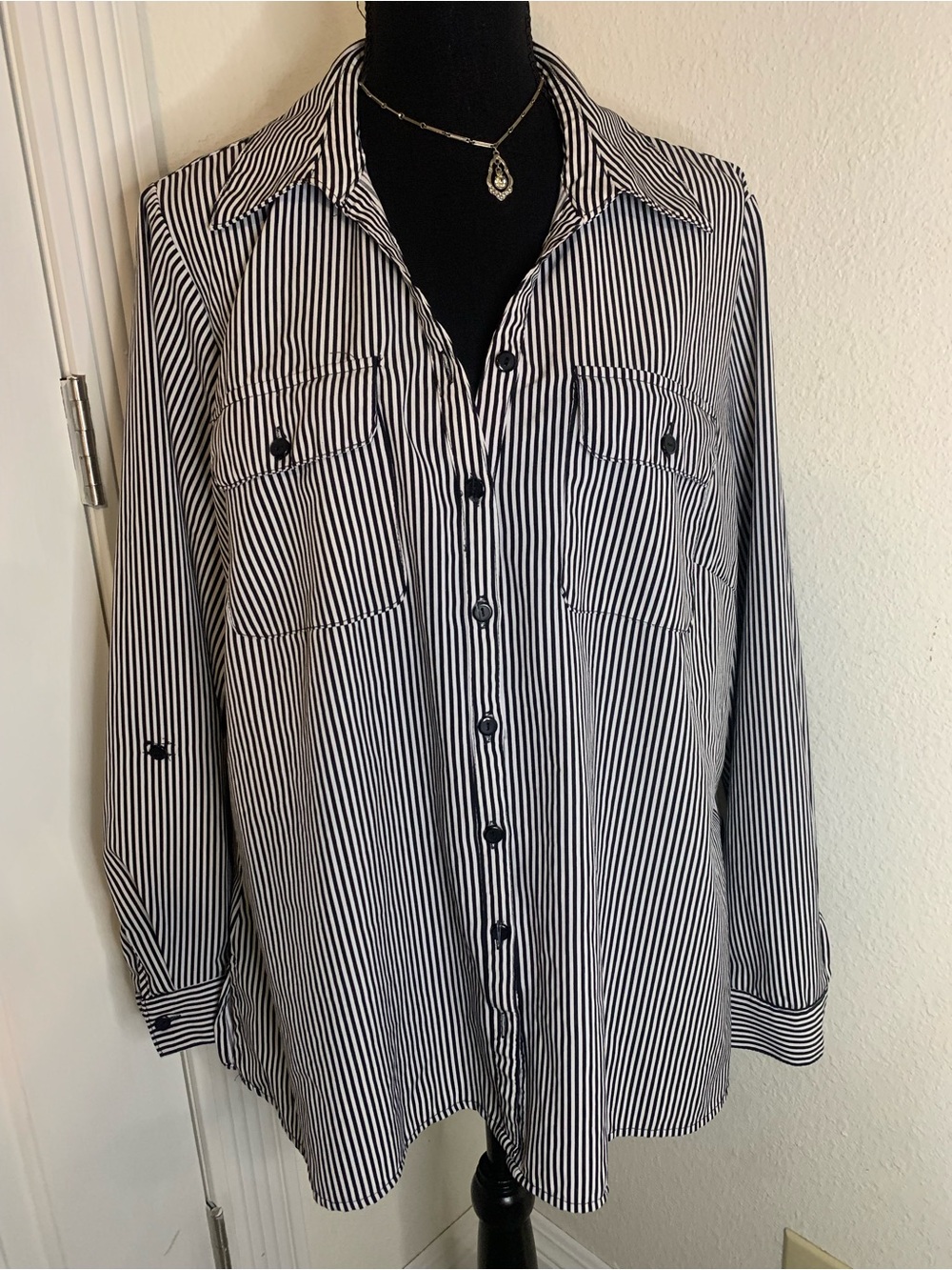 Notations Black & White Vertical Stripe Button-Down Shirt